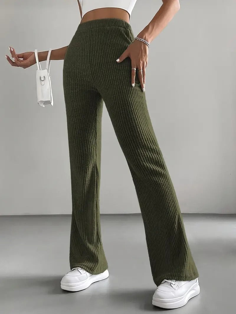 High Waist Ribbed Knit Flare Pants for Women
