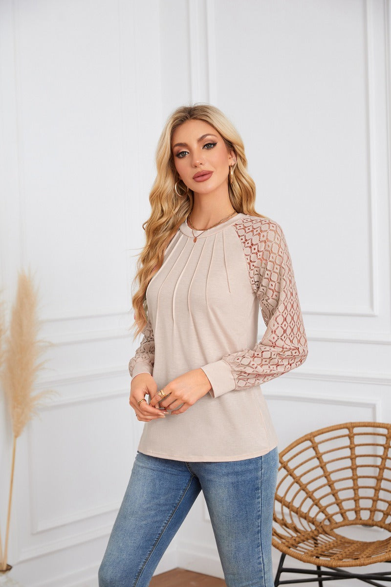 Lace Sleeve Pleated Blouse - Round Neck Long Sleeve Top