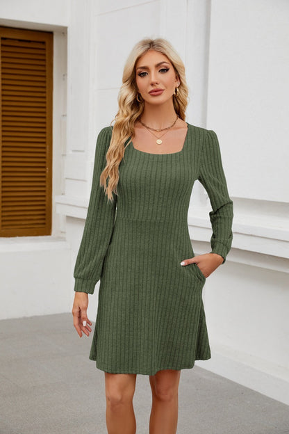 Square Neck Ribbed Knit Dress with Pockets