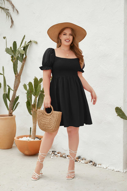 Women's Square Neck Flounce Short Sleeve Shirred Ruffle Hem Dress