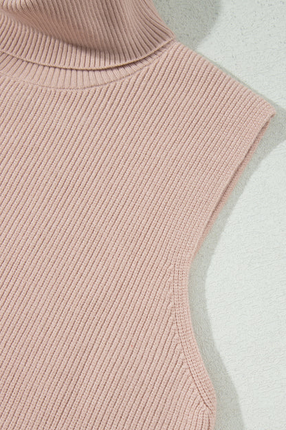 Beige Sleeveless Turtleneck Knit Sweater Vest Top