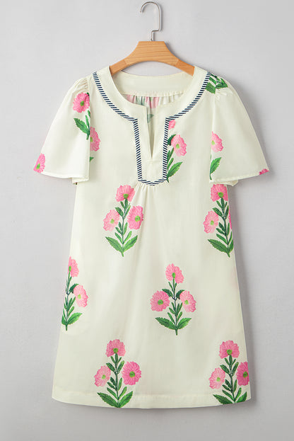 Easter Floral Split Neck Short Sleeve Mini Dress