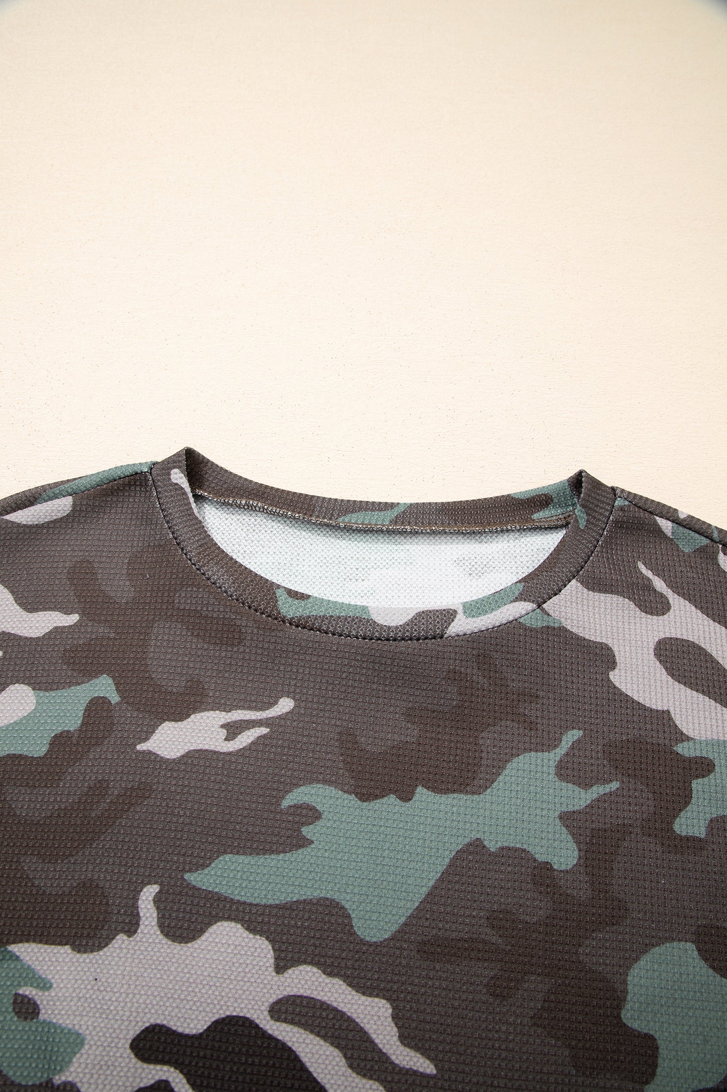 Green Camo Textured Drop Shoulder Long Sleeve Top