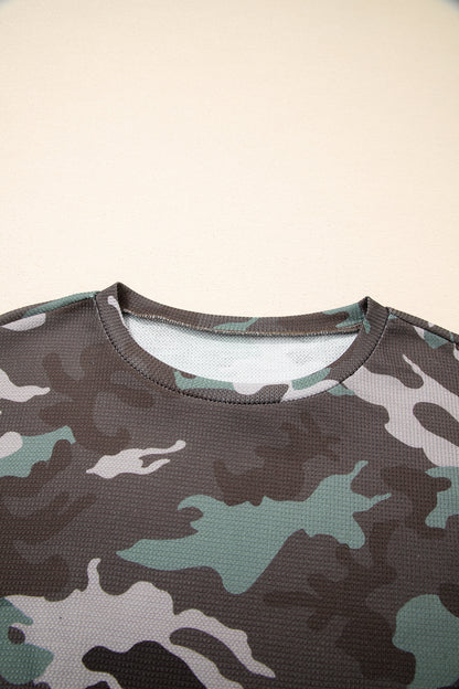 Green Camo Textured Drop Shoulder Long Sleeve Top