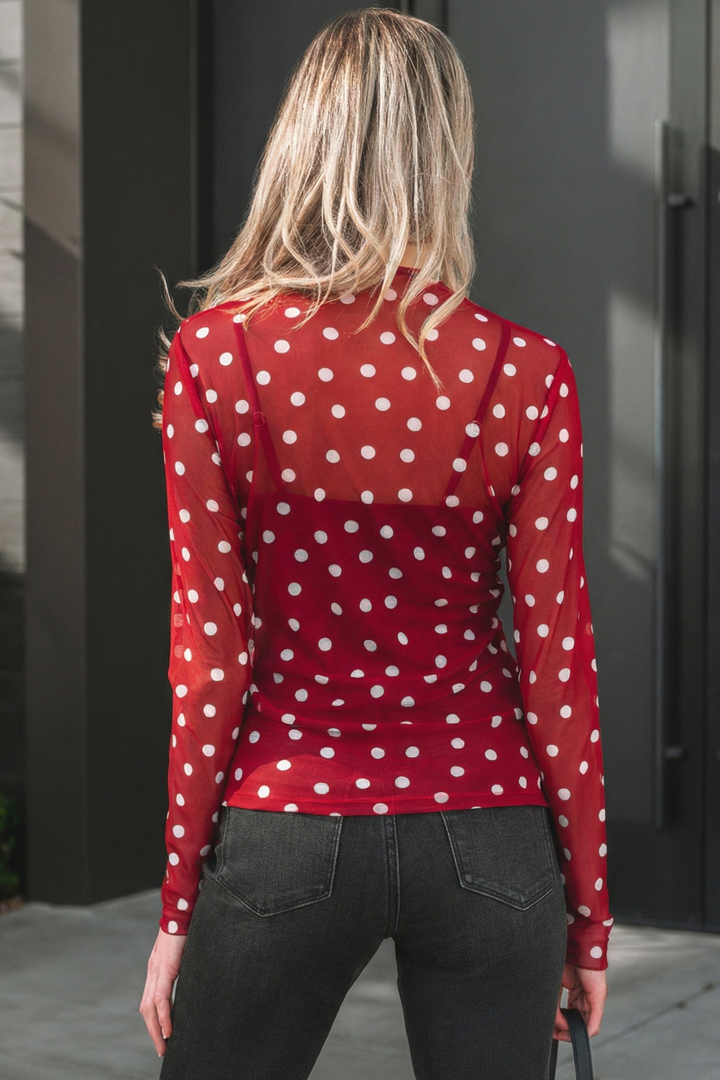 Black Polka Dot Mesh Mock Neck Long Sleeve Top