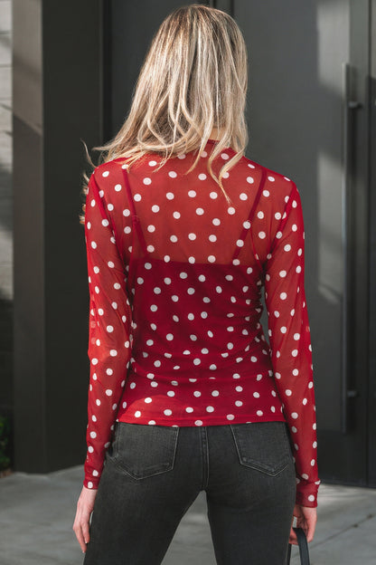 Black Polka Dot Mesh Mock Neck Long Sleeve Top