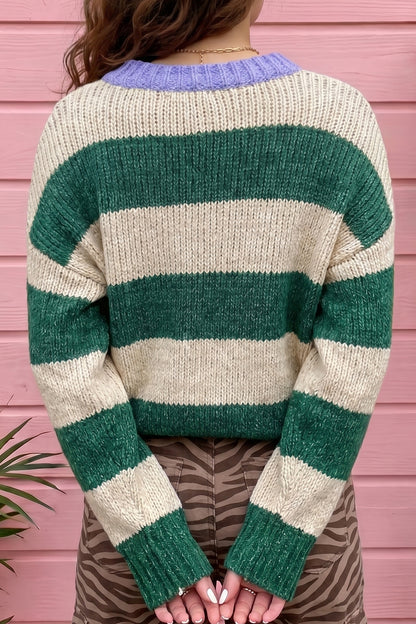 Green Stripe Drop Shoulder Knit Pullover Sweater