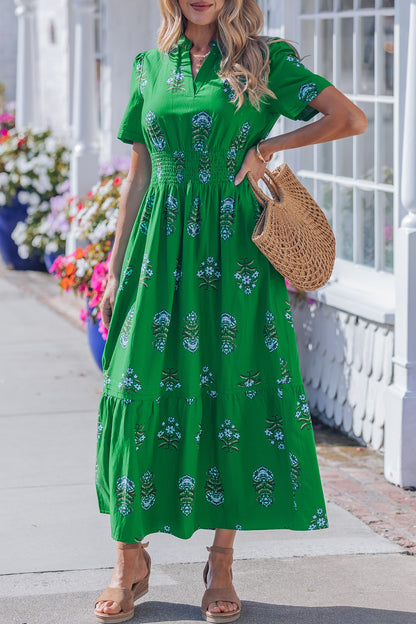 Floral Smocked Waist Maxi Dress Split Neck Boho