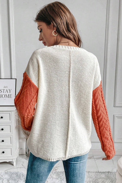Gold Flame Colorblock Cable Knit Sweater Drop Shoulder