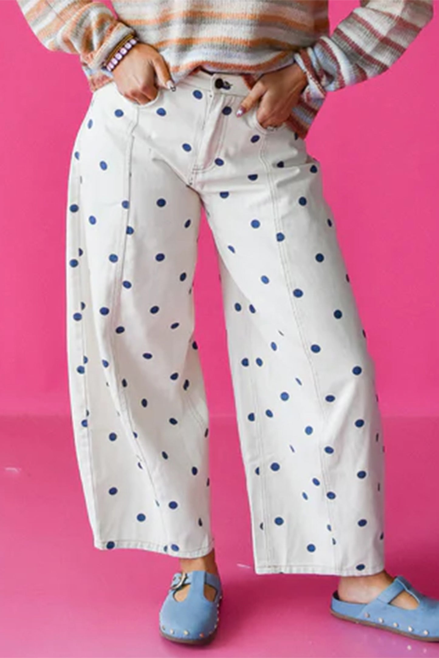 Blue Polka Dot Barrel Jeans High Waist Wide Leg Pants