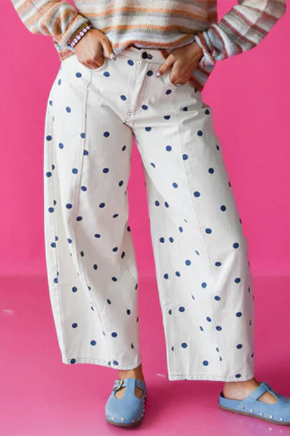 Blue Polka Dot Barrel Jeans High Waist Wide Leg Pants