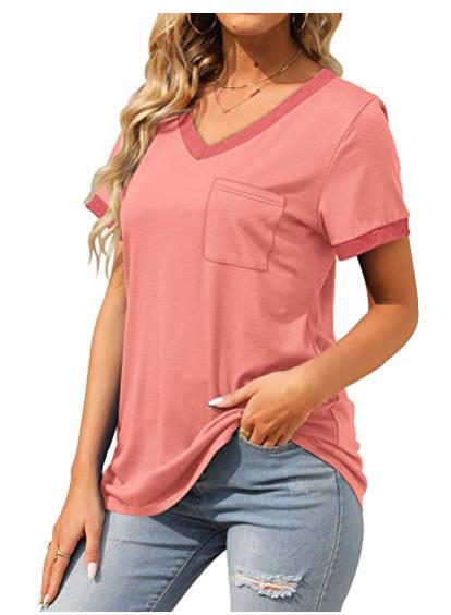 T Shirt Short Sleeve V Neck Loose Casual Top with Pocket Plus Size