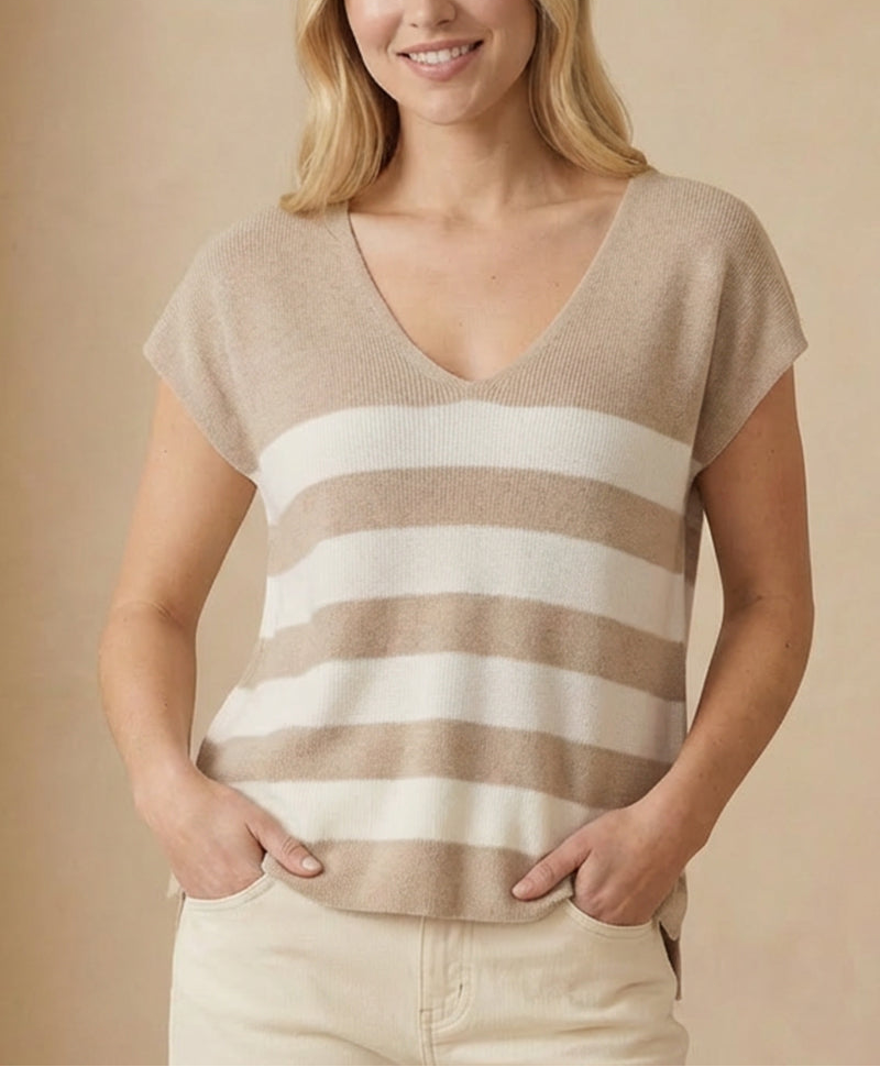 Striped V Neck Cap Sleeve Lightweight Knit Sweater Top