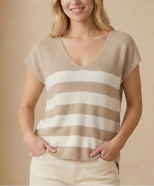 Striped V Neck Cap Sleeve Lightweight Knit Sweater Top