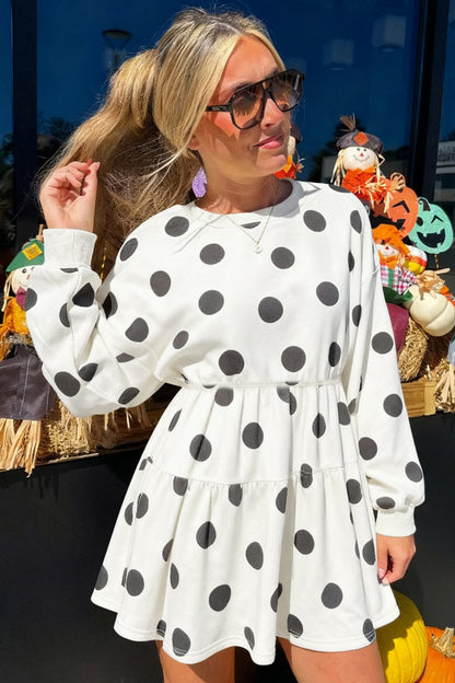 Pink Polka Dot Long Sleeve Tiered Mini Dress
