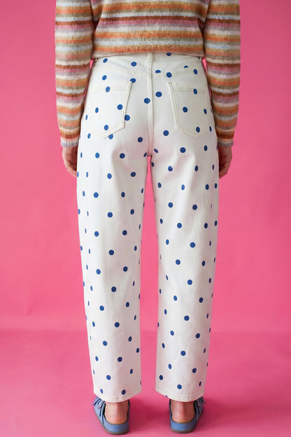 Blue Polka Dot Barrel Jeans High Waist Wide Leg Pants