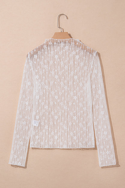 Ashleigh Blue Sheer Floral Lace Mock Neck Long Sleeve Top