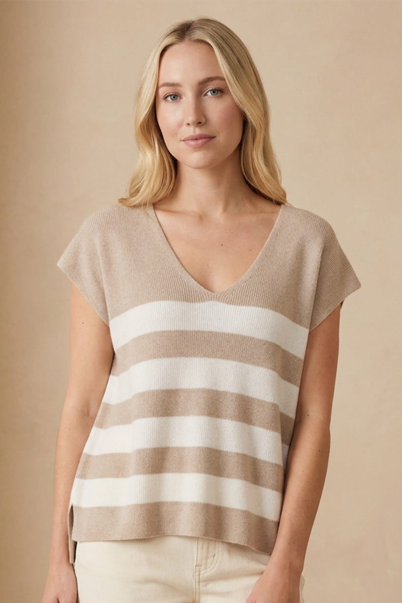 Striped V Neck Cap Sleeve Lightweight Knit Sweater Top