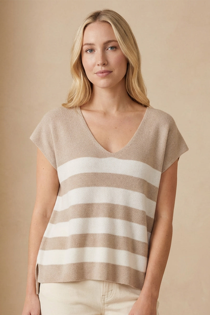 Striped V Neck Cap Sleeve Lightweight Knit Sweater Top