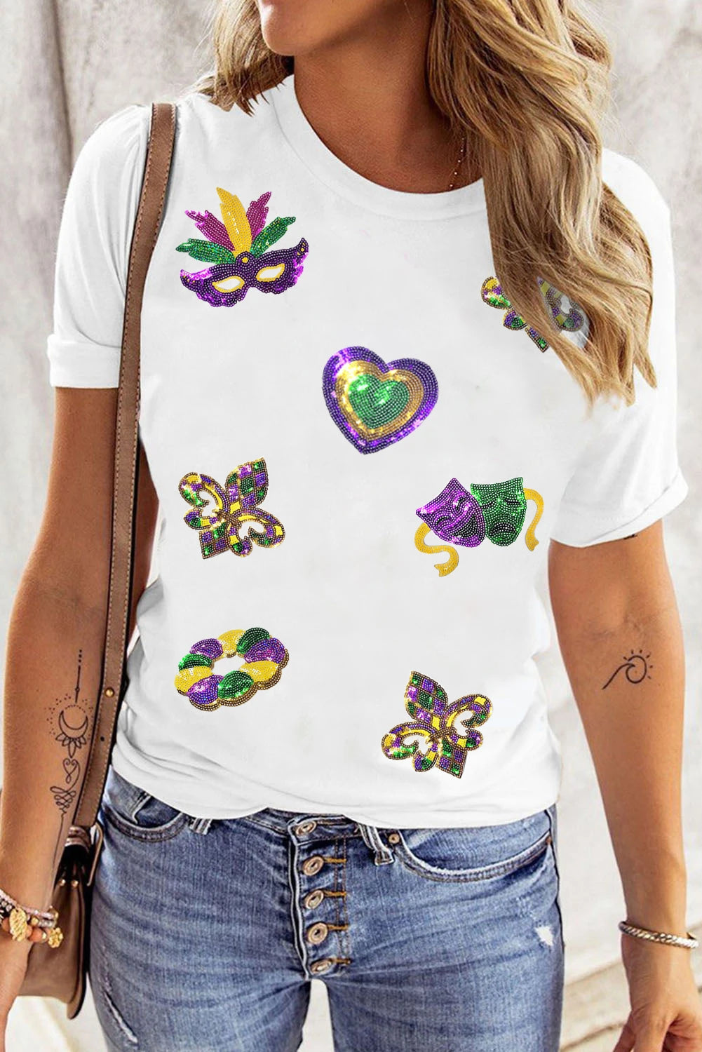 White Mardi Gras Sequin Symbol Graphic Crew Neck Tee