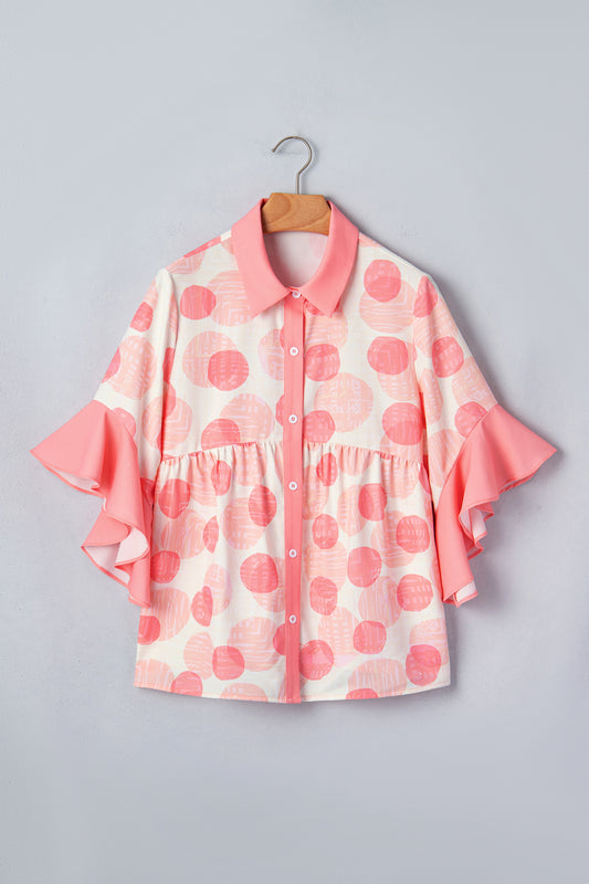 Abstract Dot Print Babydoll Top Women Ruffle Sleeve