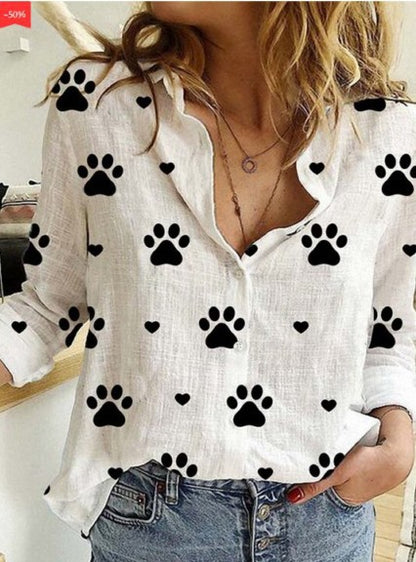 Women's Casual Paw Print Long Sleeve Button Down Shirt