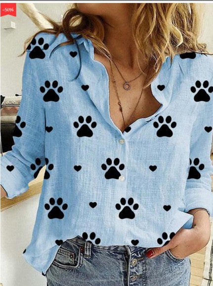 Women's Casual Paw Print Long Sleeve Button Down Shirt