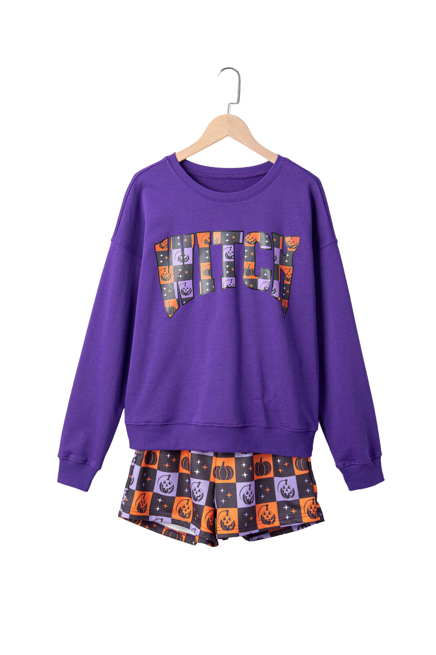 Halloween Witch Graphic Checkerboard Shorts Set