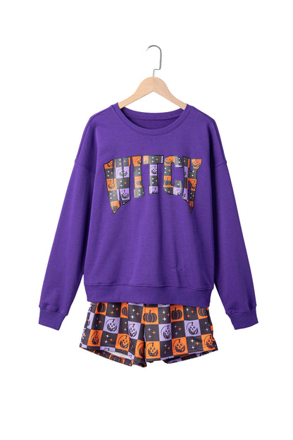 Halloween Witch Graphic Checkerboard Shorts Set