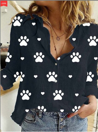 Women's Casual Paw Print Long Sleeve Button Down Shirt
