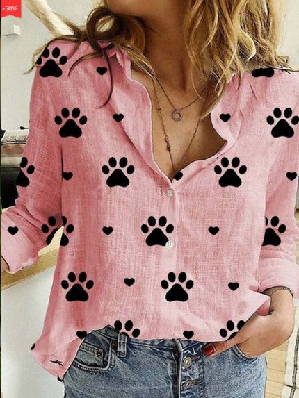 Women's Casual Paw Print Long Sleeve Button Down Shirt