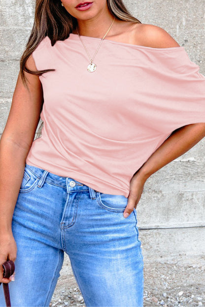 Pink Plus Size Asymmetric Neck Short Sleeve Blouse