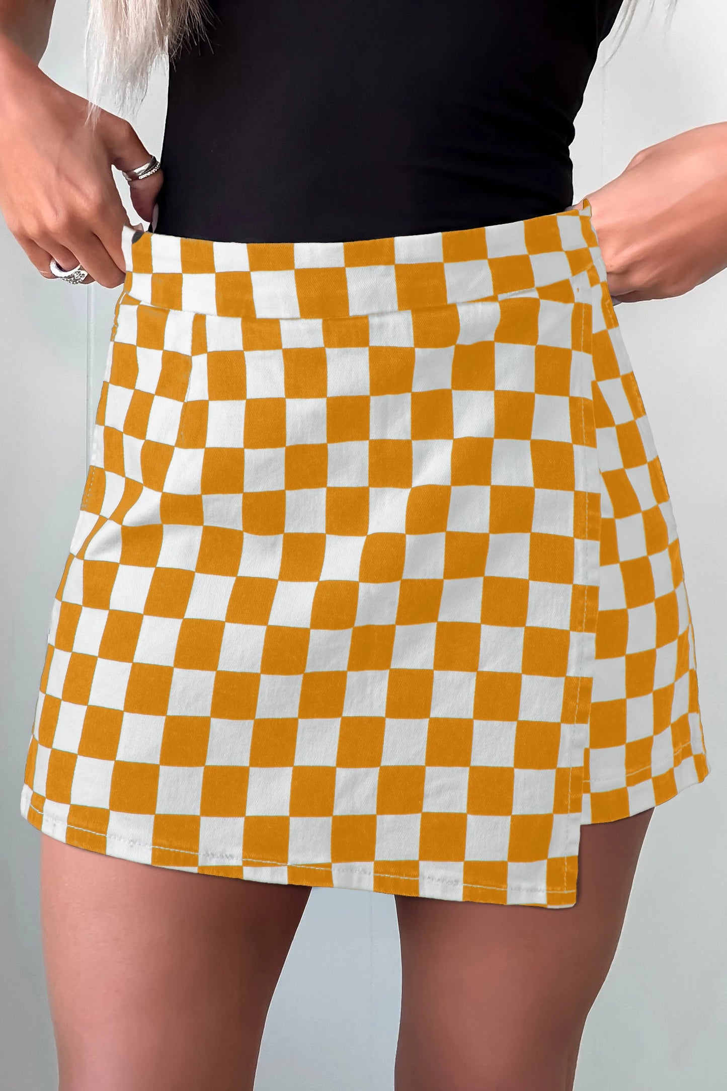 Checkered Print Overlap Denim Skort Mini Shorts