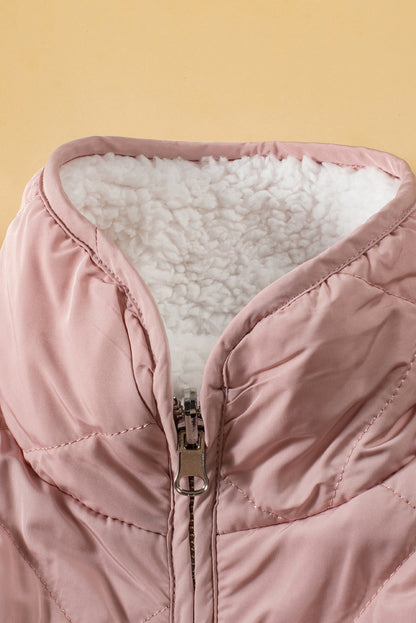 Pink Fleece Lined Quilted Zip Up Vest Jacket