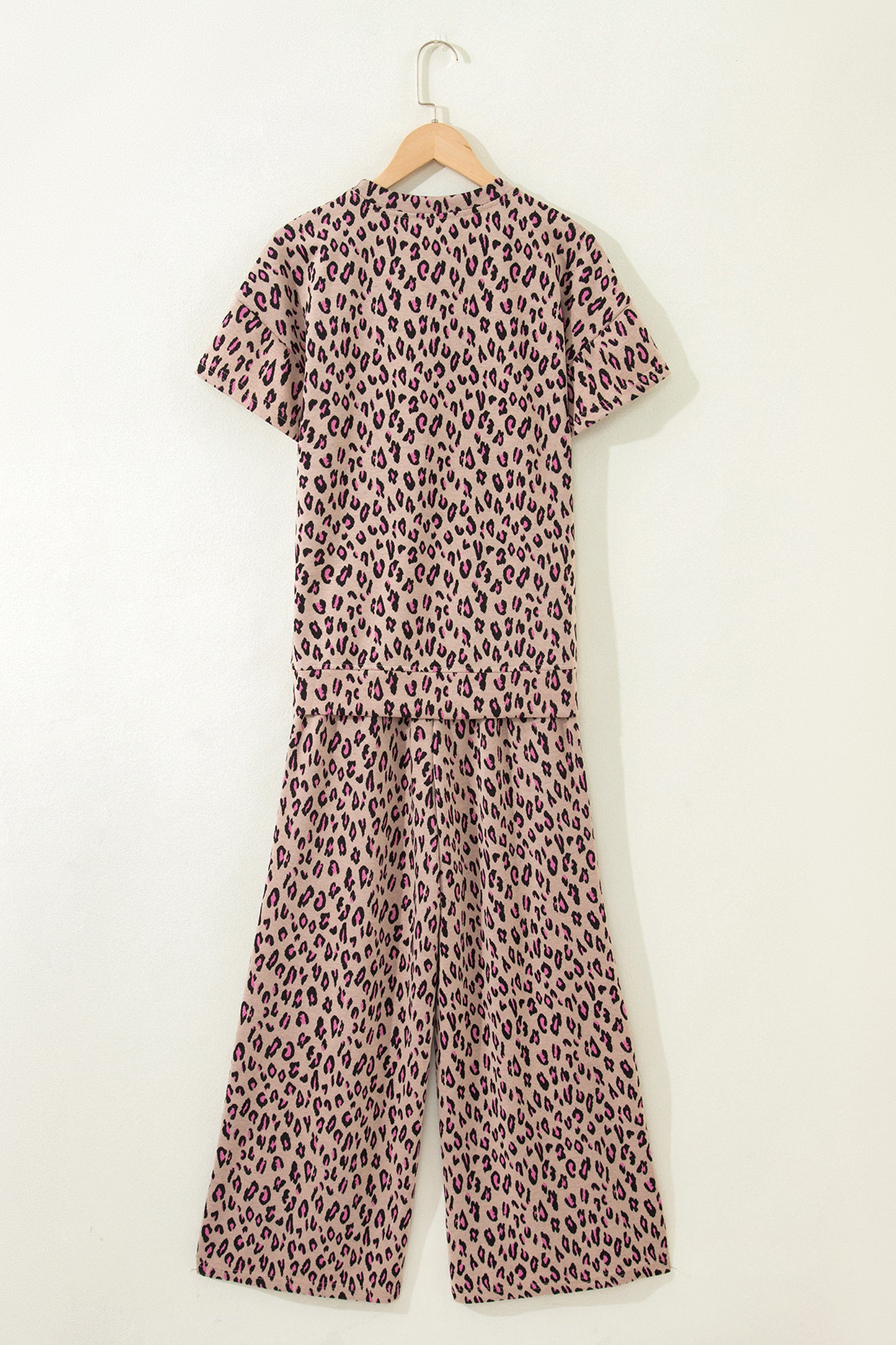 Beige Leopard Print Short Sleeve Top and Wide Leg Pants Set