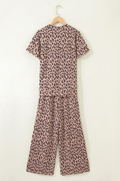 Beige Leopard Print Short Sleeve Top and Wide Leg Pants Set