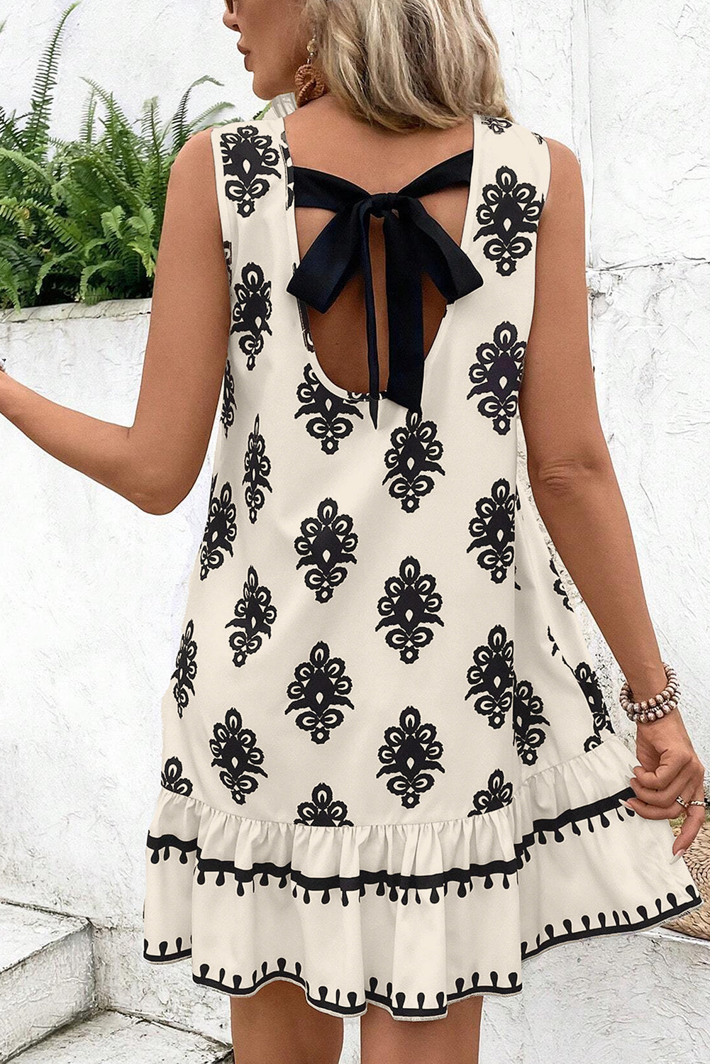 Boho Print Back Bow Mini Dress Sleeveless Summer
