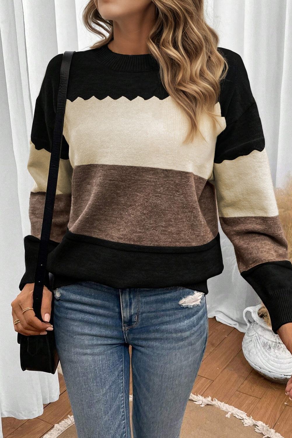 Black Beige Brown Colorblock Drop Shoulder Knit Sweater