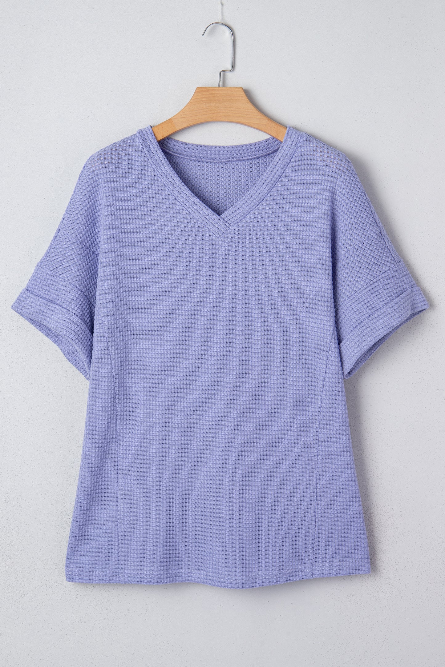 Strawberry Pink Waffle Knit V Neck Short Sleeve Casual Top