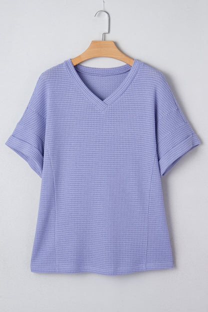Strawberry Pink Waffle Knit V Neck Short Sleeve Casual Top
