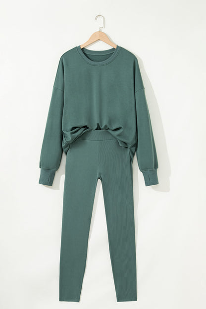 Solid Oversize Slit Sweatshirt with Ribbed Leggings Set