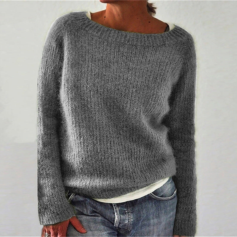 Women's Crew Neck Long Sleeve Solid Knit Pullover Sweater