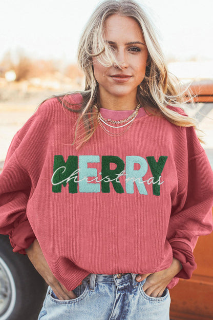 Strawberry Pink Chenille Letter MERRY Christmas Sweatshirt