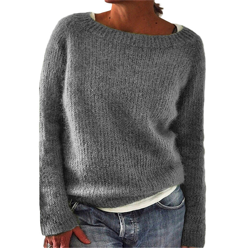 Women's Crew Neck Long Sleeve Solid Knit Pullover Sweater