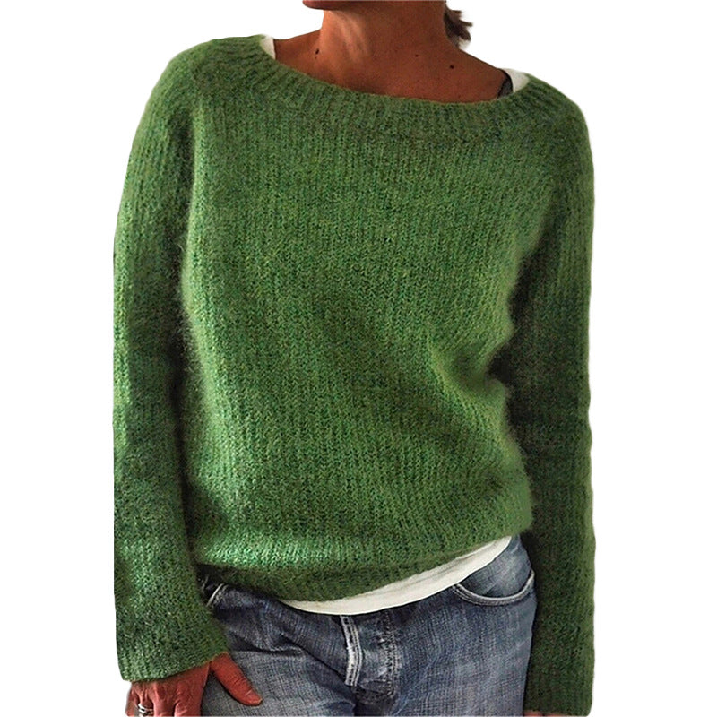 Women's Crew Neck Long Sleeve Solid Knit Pullover Sweater