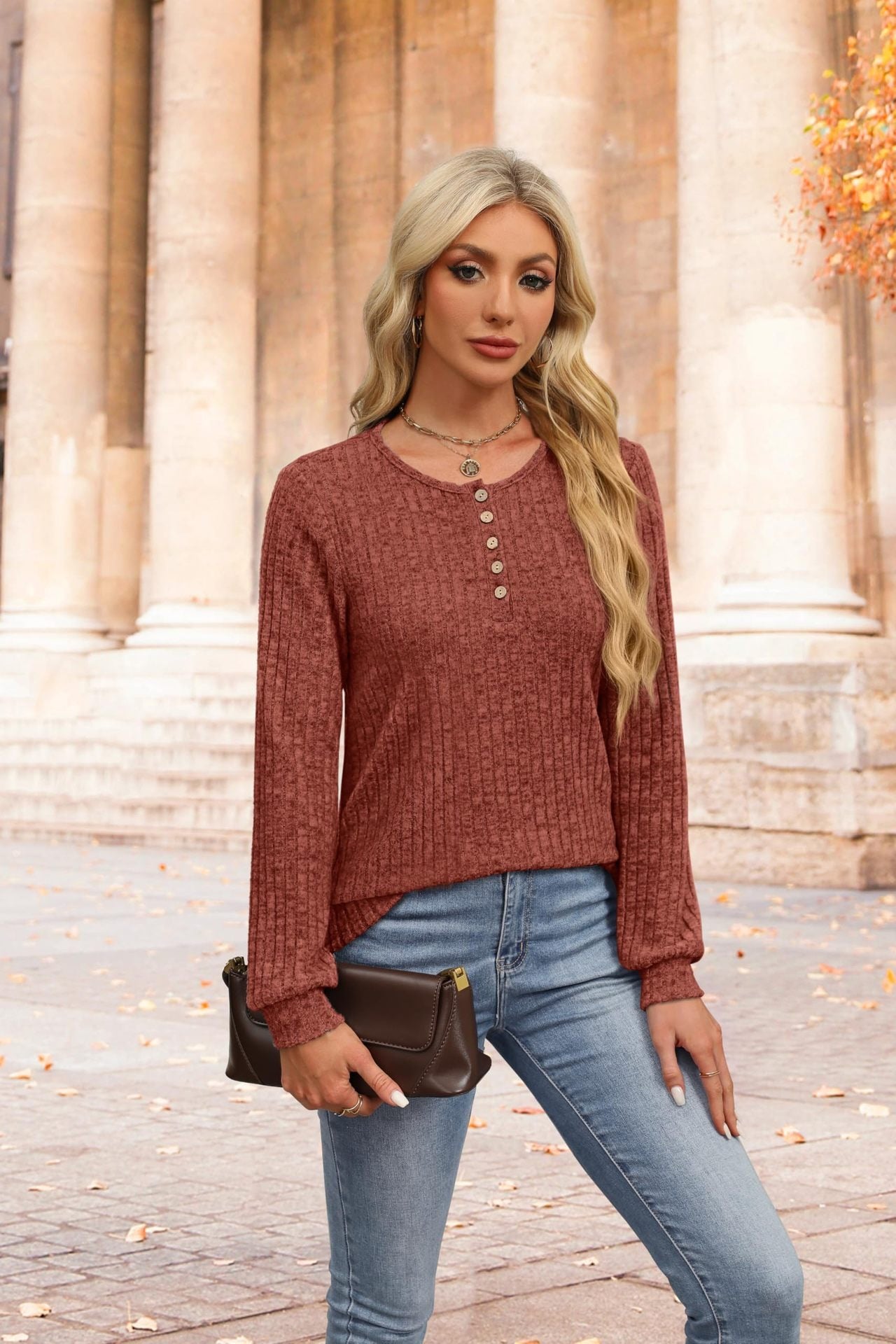 Ribbed V-Neck Button Knit Long Sleeve Pullover