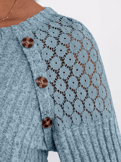 Solid Ribbed Knit Button Pullover with Lace & Buttons