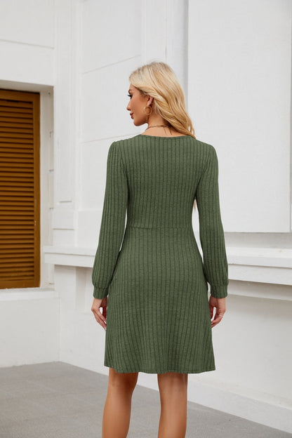 Square Neck Ribbed Knit Dress with Pockets