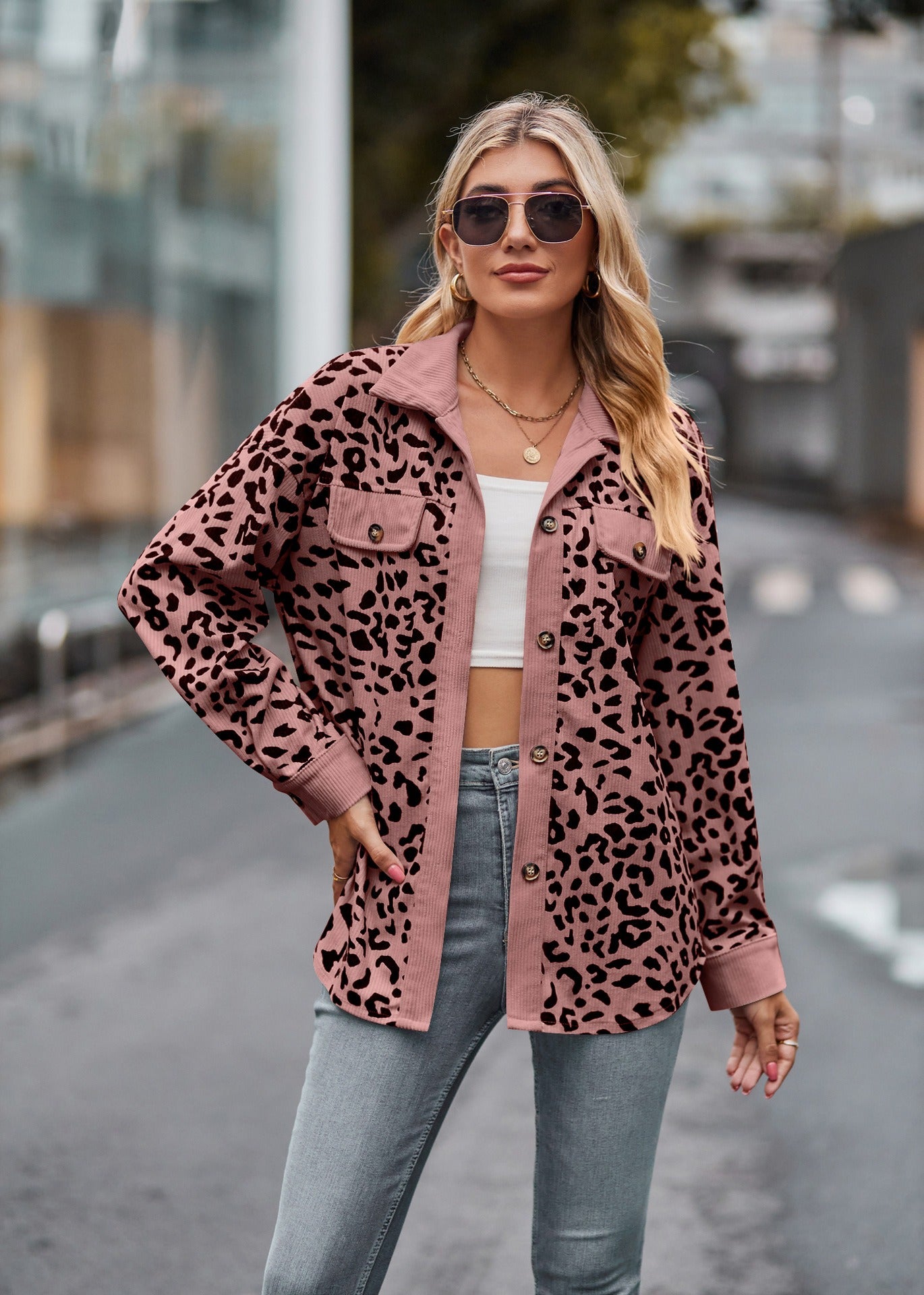 Leopard Print Corduroy Button Down Oversized Shirt Jacket