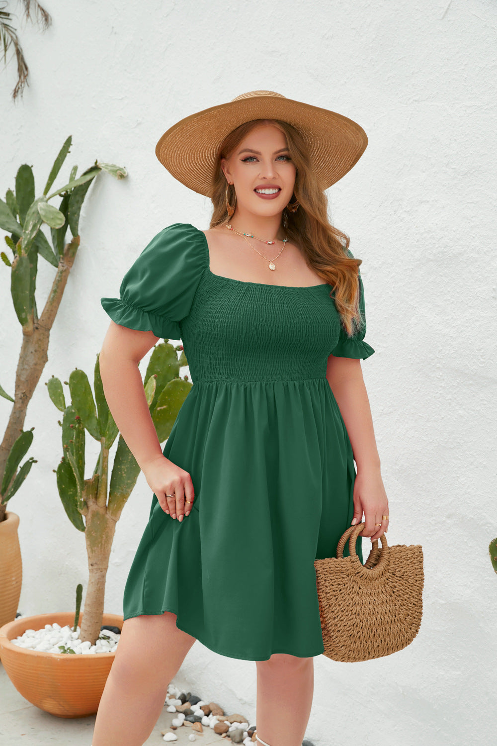 Women's Square Neck Flounce Short Sleeve Shirred Ruffle Hem Dress